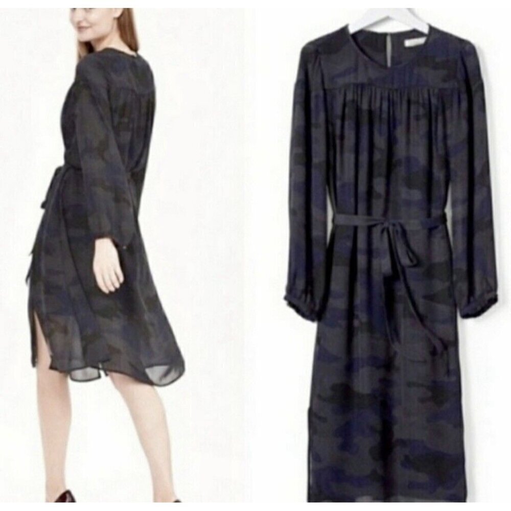 Banana Republic Gray Black Blue Camo Camouflage Print Tie Waist Midi Dress Sz 14